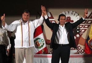 En Chiclayo Presidente Ollanta Humala con el Presidente visitante Rafael Correa de la República del Ecuador. Foto cortesia Andina de Noticias