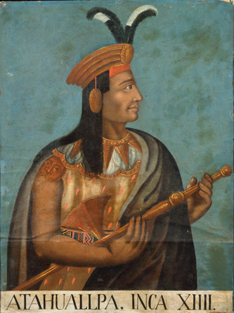 Atahualpa. En la obra de Binet Emperador del Quinto Suyo. Fuente: Wikipedia (fr.wikipedia.org). Cortesía Berlin Ethnologisches Museum, Staatliche Museen, Berlín, Alemania.